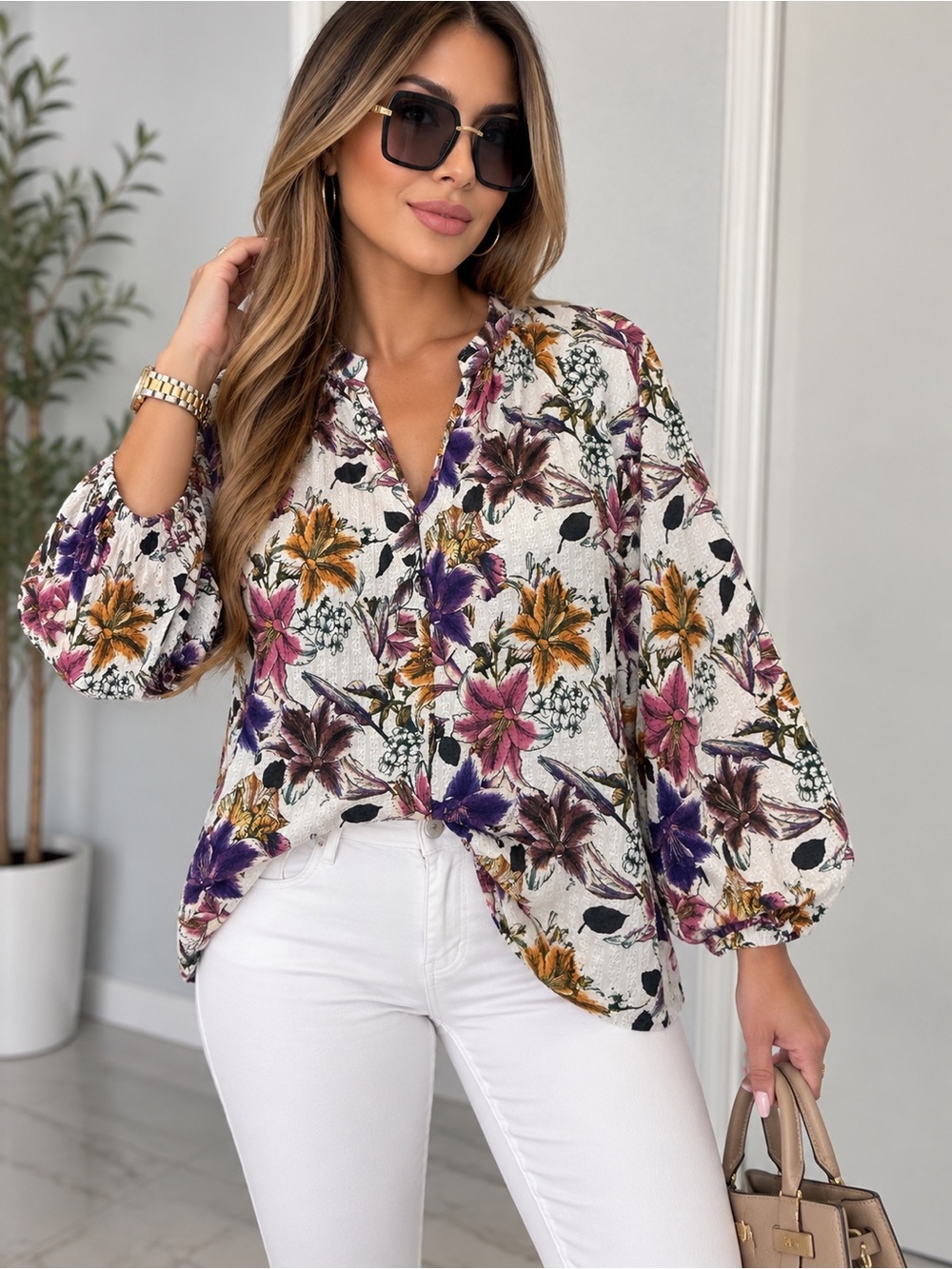 Harve Benard White Floral Button-Front Puff Sleeve Blouse